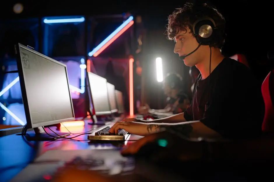 Pemain esport sedang fokus di depan layar komputer dengan tim di belakangnya